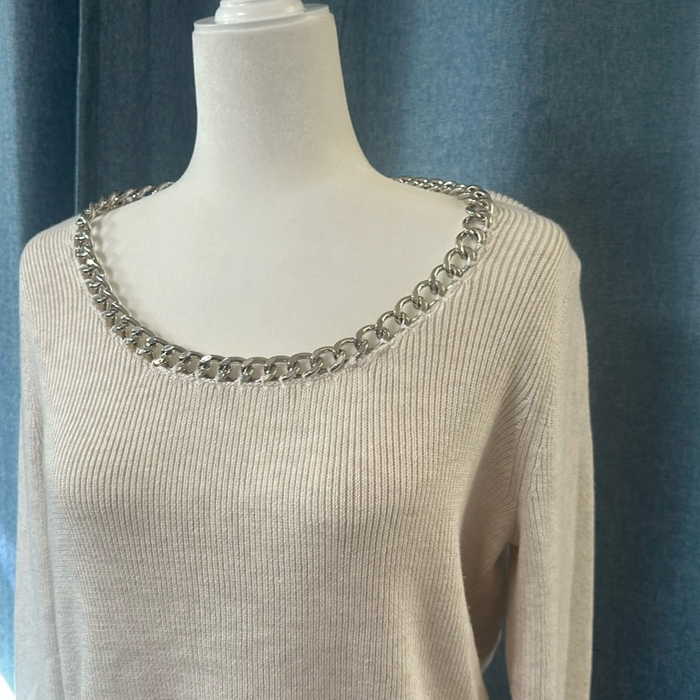 WHBM Scoop Neck Chain Detail Long Sleeve Ribbed Knit Sweater Oatmeal Large